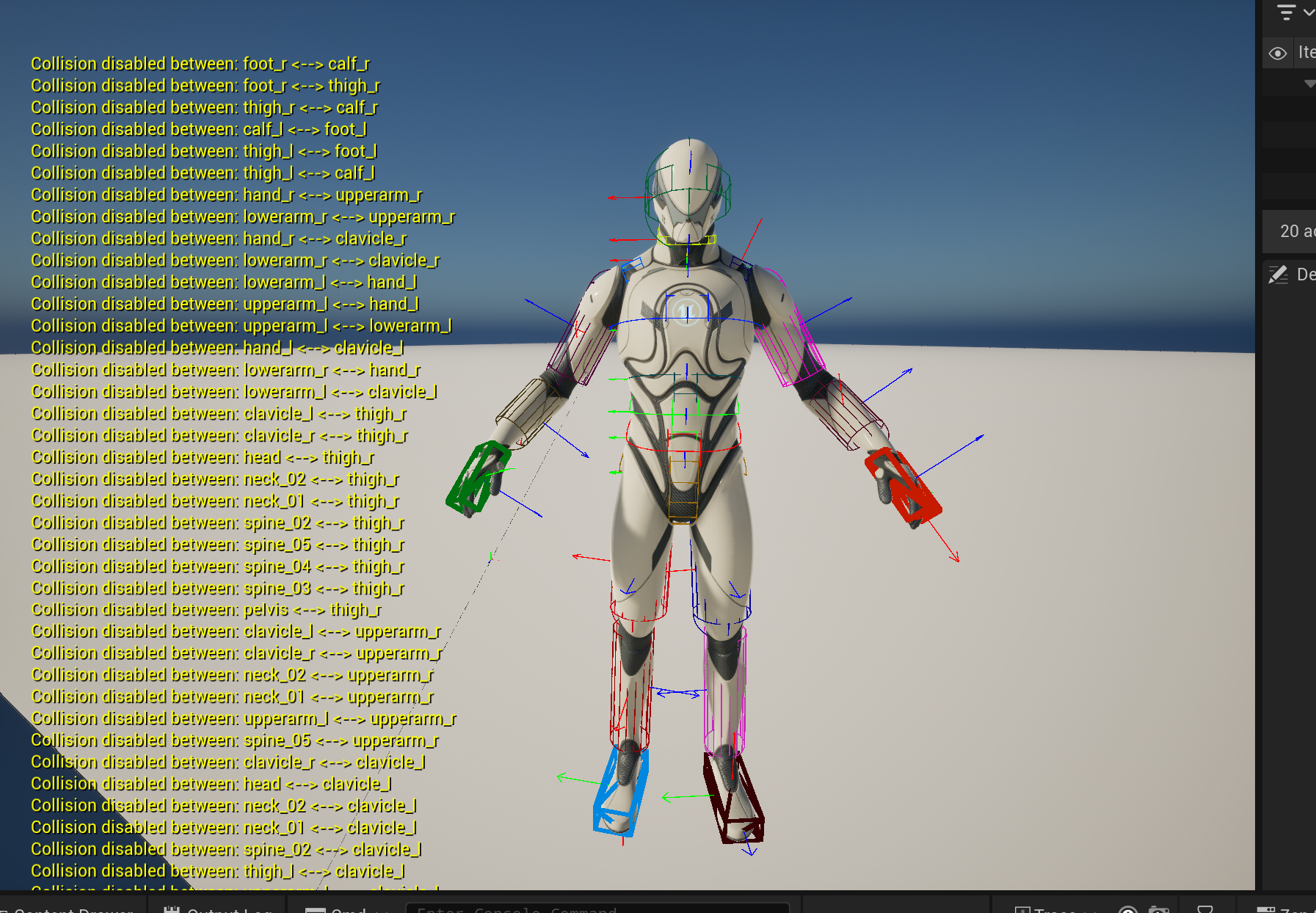 Jolt Physics ragdoll bone transforms visualised in Unreal Engine 5
